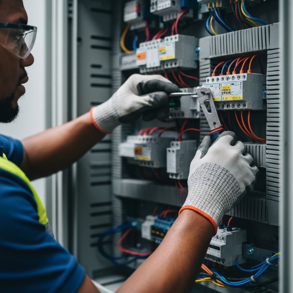 Technician checking electrical connections for an appliance install