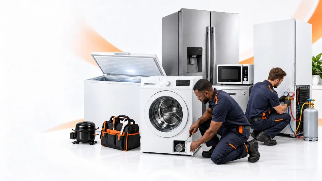 Appliance repair technicians with household appliances