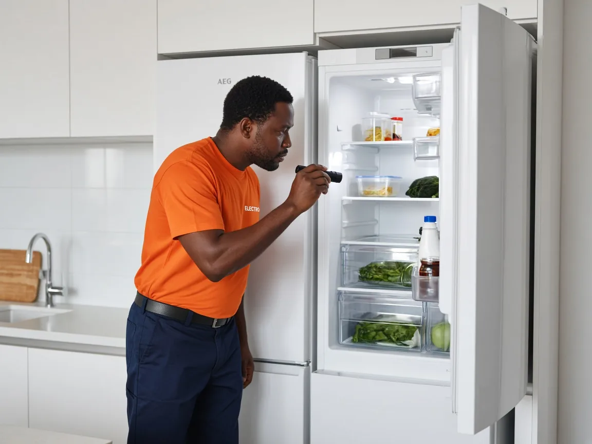 Technician inspecting an AEG refrigerator in Harare