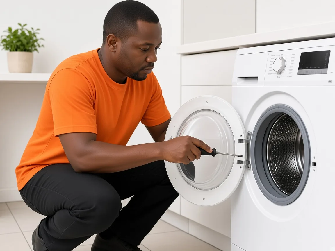 Technician diagnosing an AEG washing machine