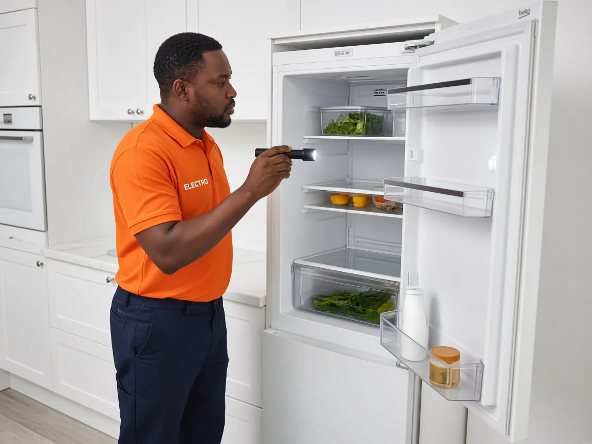 Technician inspecting a Beko fridge in Harare