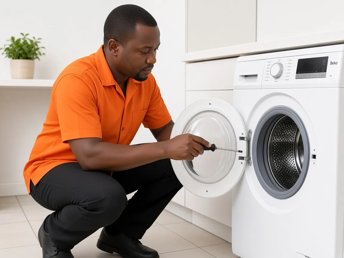 Technician inspecting a Beko washing machine