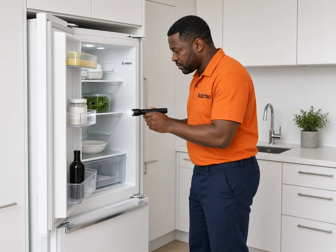 Technician inspecting a Bosch refrigerator in Harare