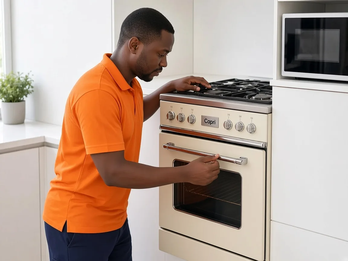 Technician inspecting a Capri stove and oven