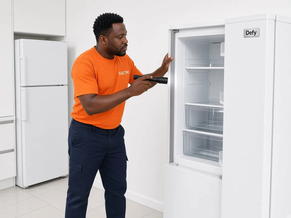 Technician inspecting a Defy fridge-freezer in Harare