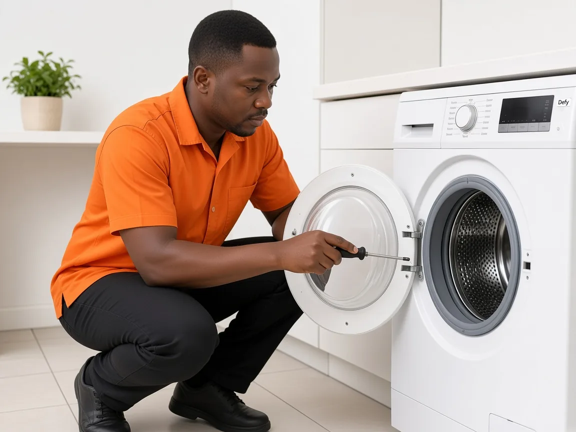 Technician diagnosing a Defy washing machine