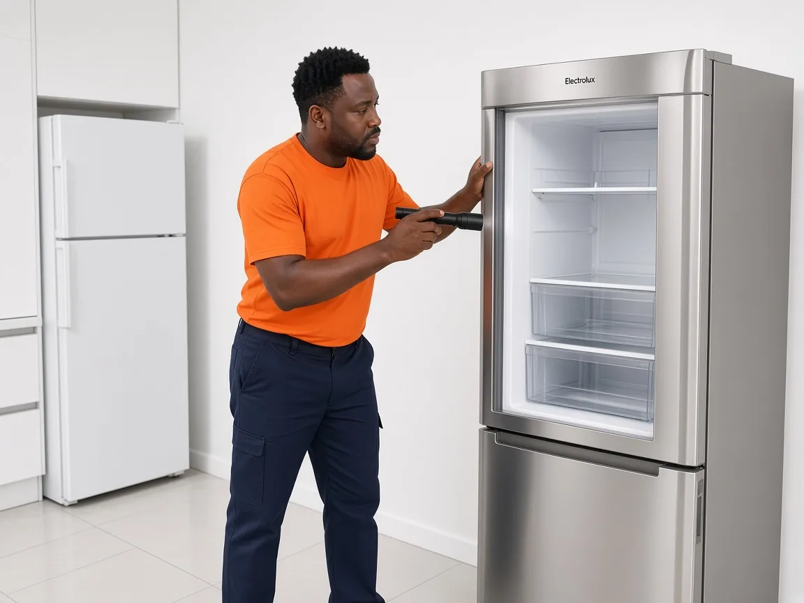 Technician inspecting an Electrolux fridge in Harare