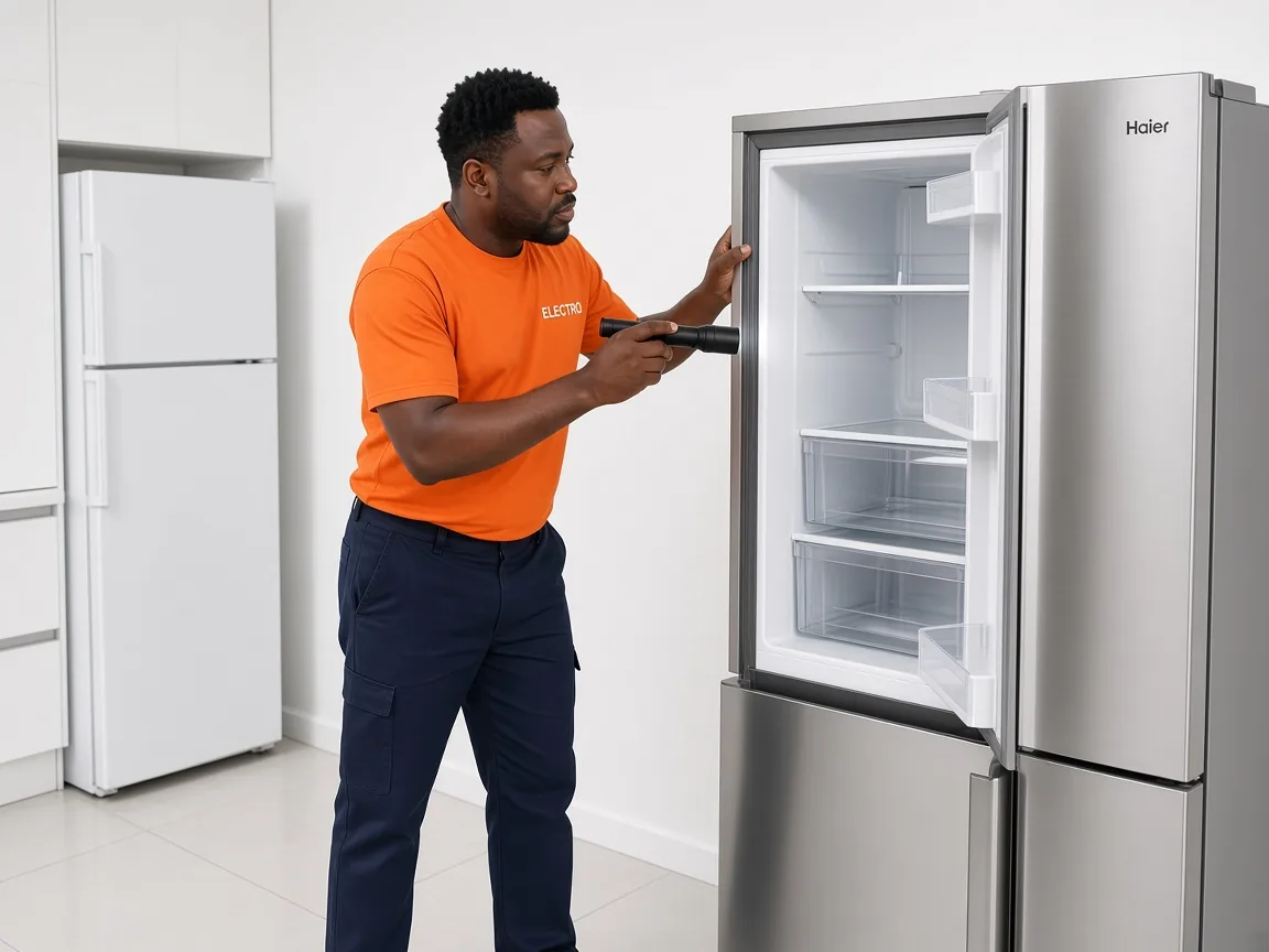 Technician inspecting a Haier fridge