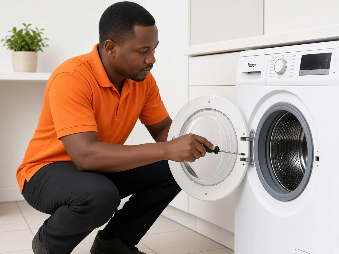 Technician diagnosing a Haier washing machine