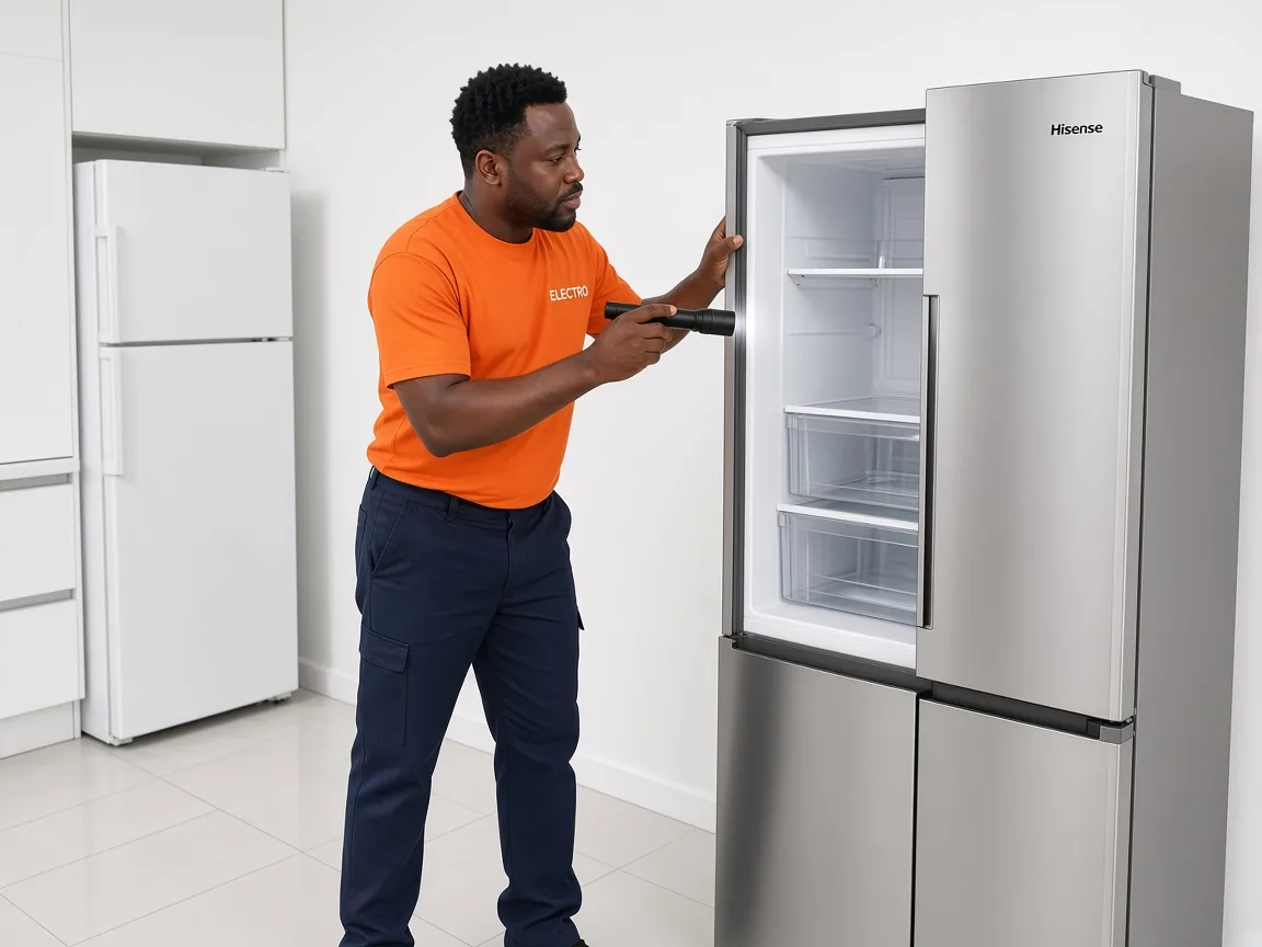 Technician diagnosing a Hisense fridge