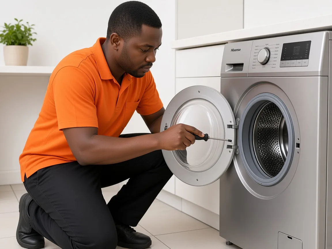 Technician inspecting a Hisense washing machine
