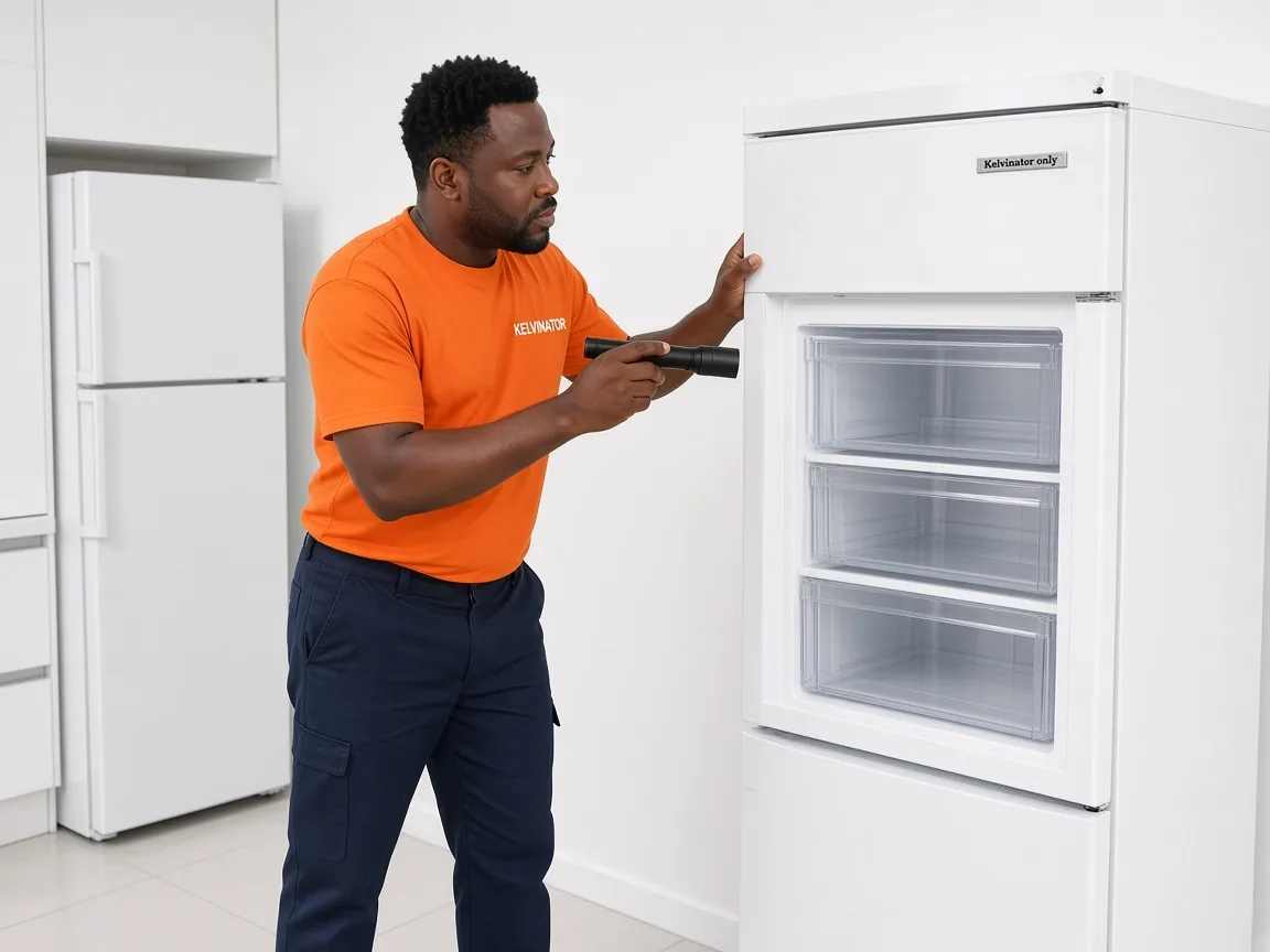 Technician inspecting a Kelvinator fridge