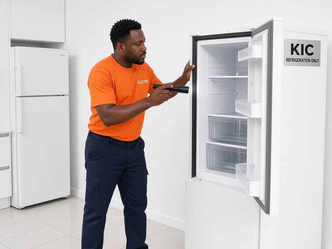 Technician diagnosing a cooling fault on a KIC fridge in Harare