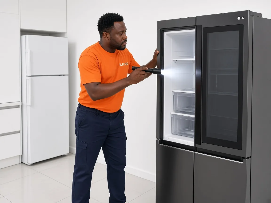 Technician inspecting an LG refrigerator