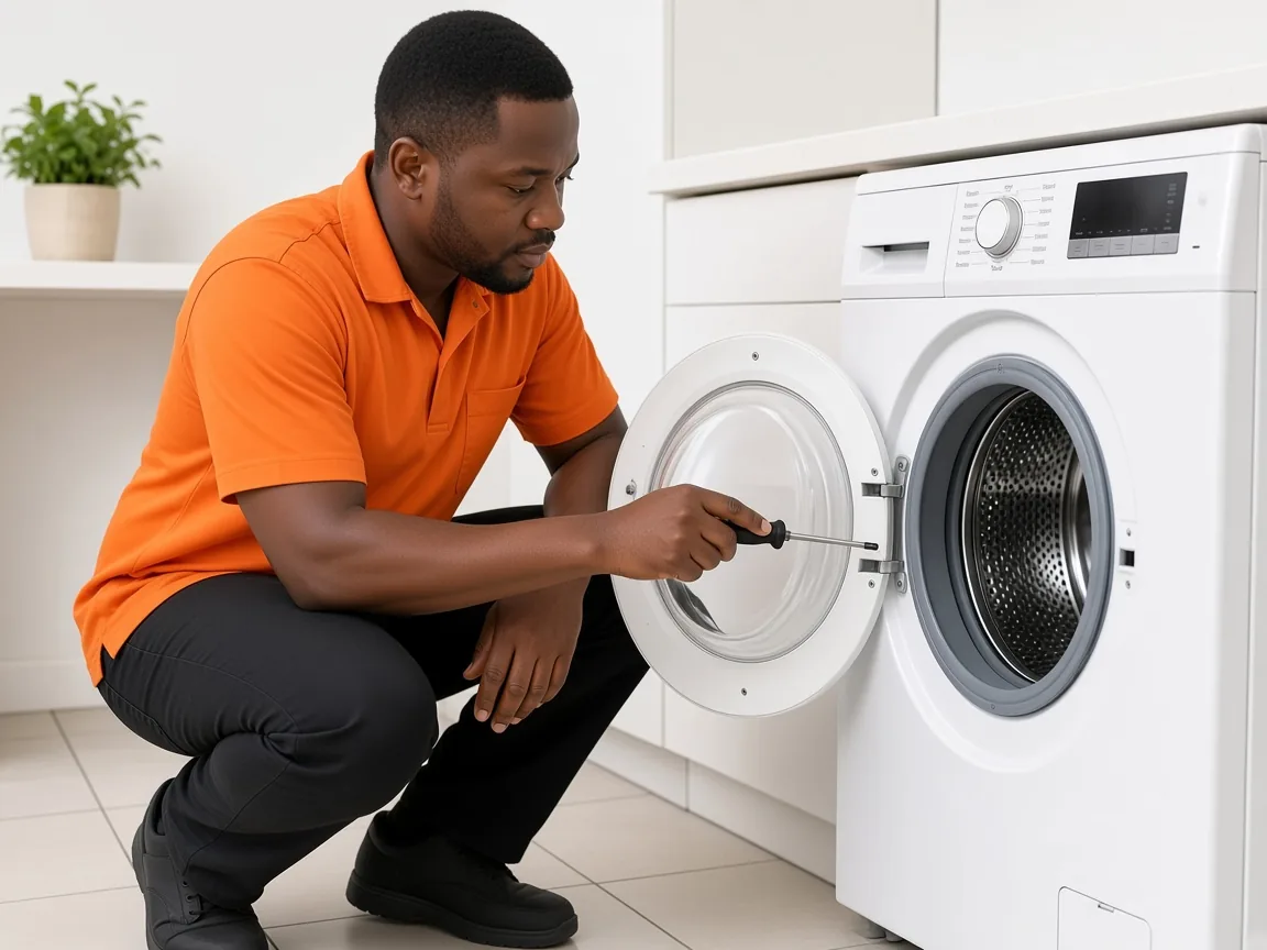 Technician diagnosing an LG washing machine