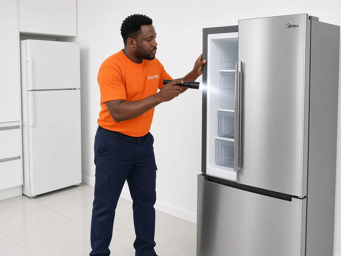 Technician inspecting a Midea fridge in Harare