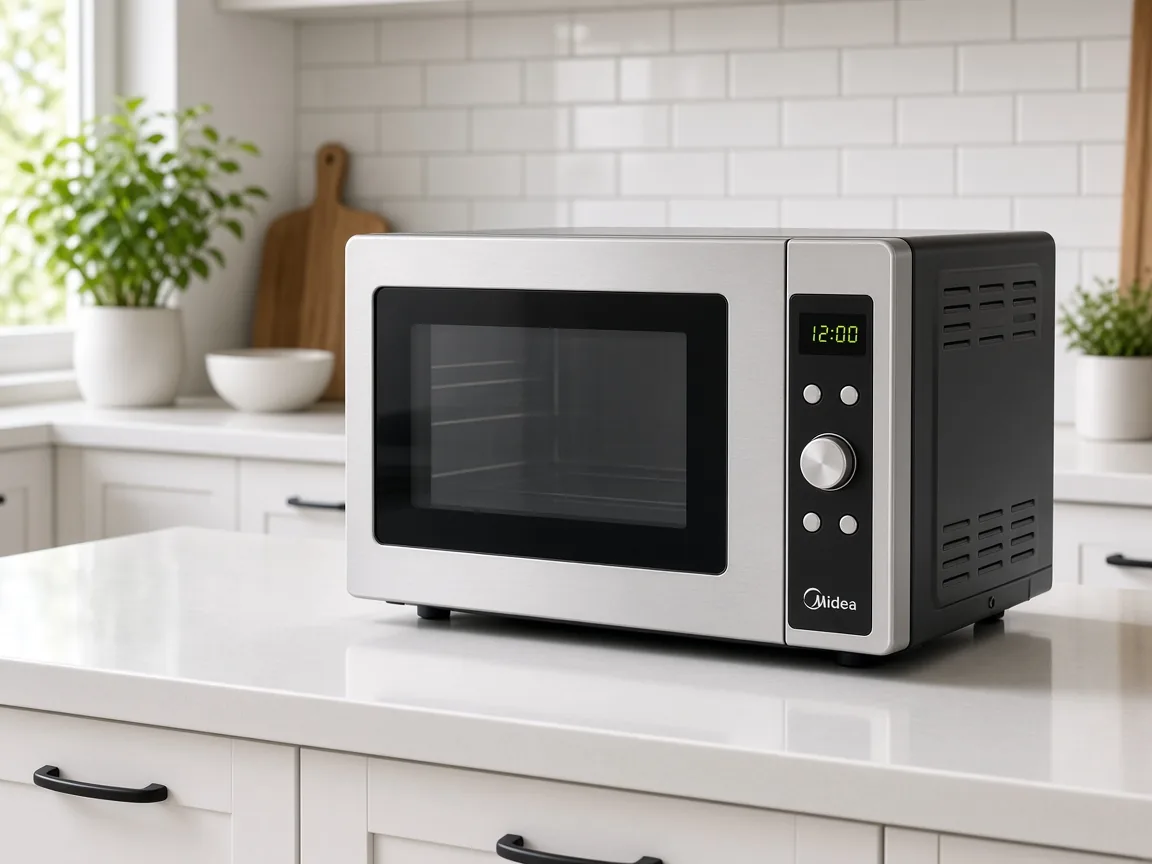 Midea microwave on a kitchen counter