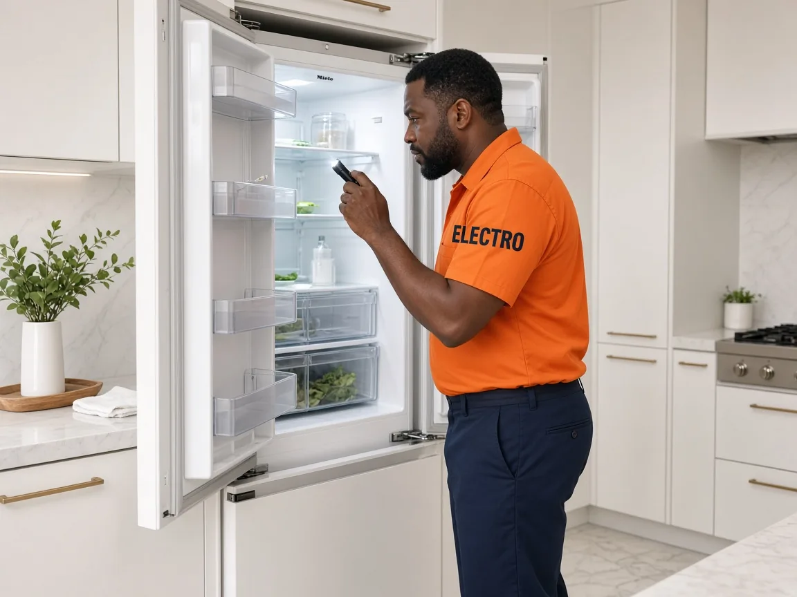 Technician inspecting a Miele refrigerator in Harare