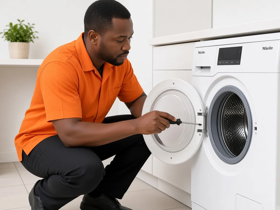 Technician inspecting a Miele washing machine