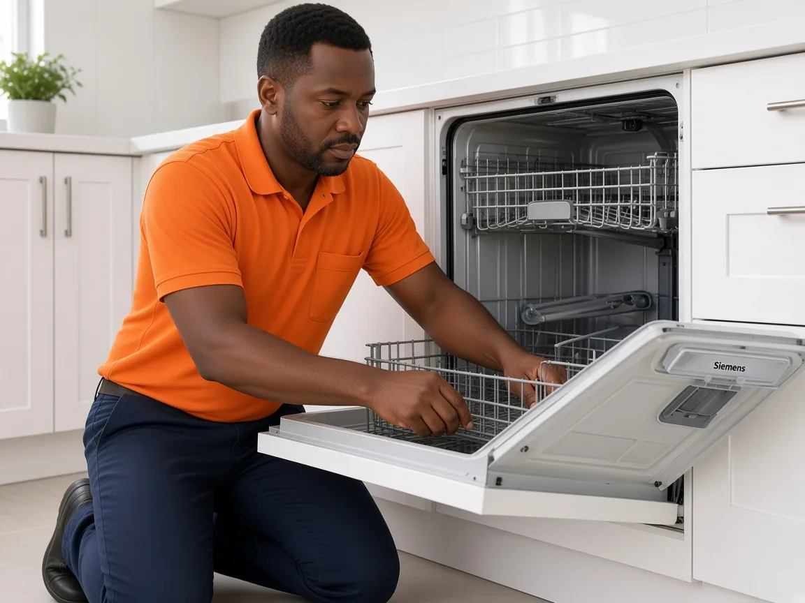 Technician working on a Siemens dishwasher