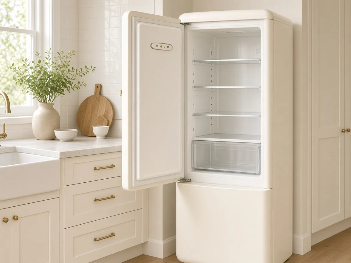 Open Smeg refrigerator during a kitchen inspection