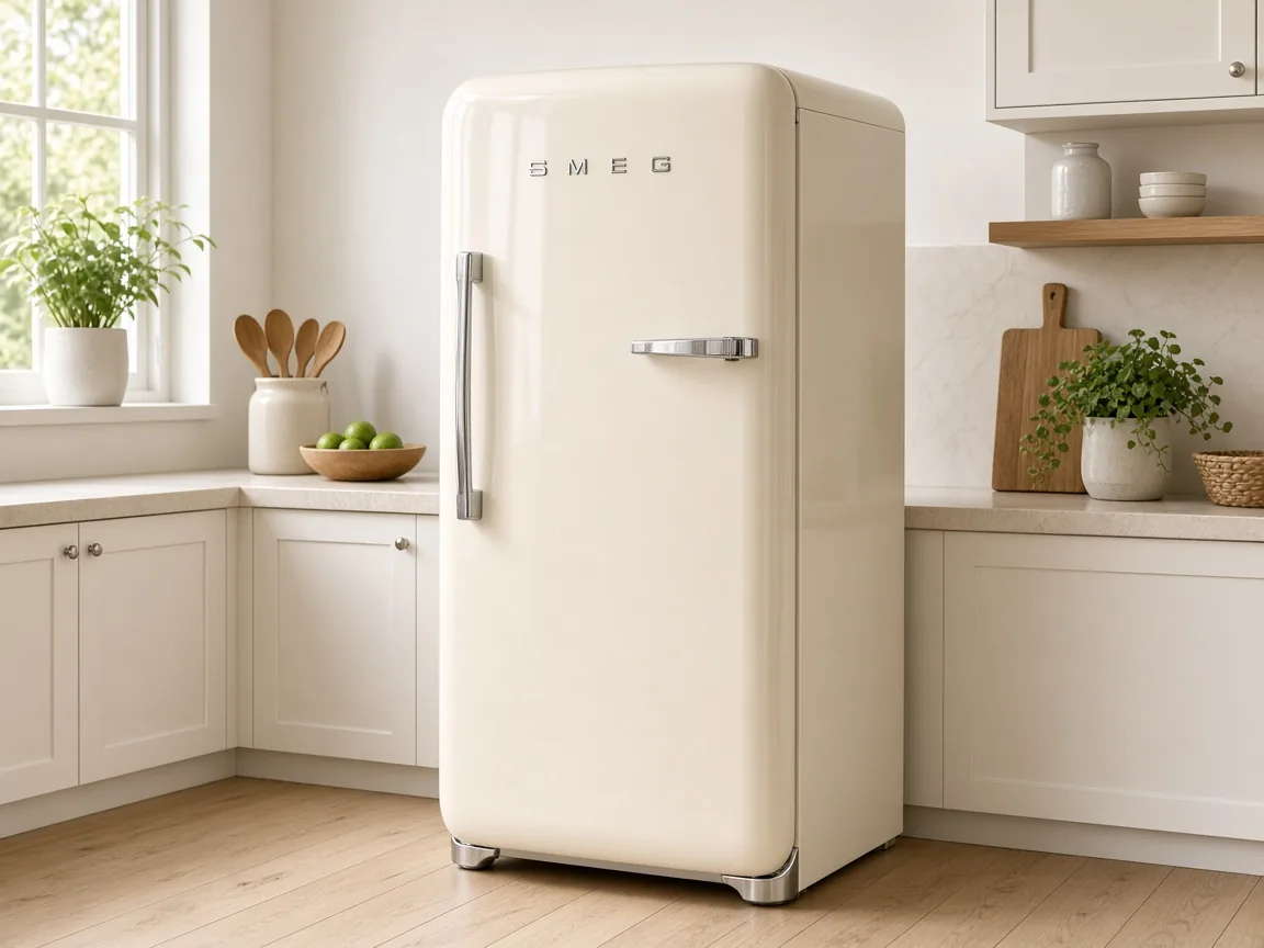 Smeg refrigerator in a kitchen with matching styling