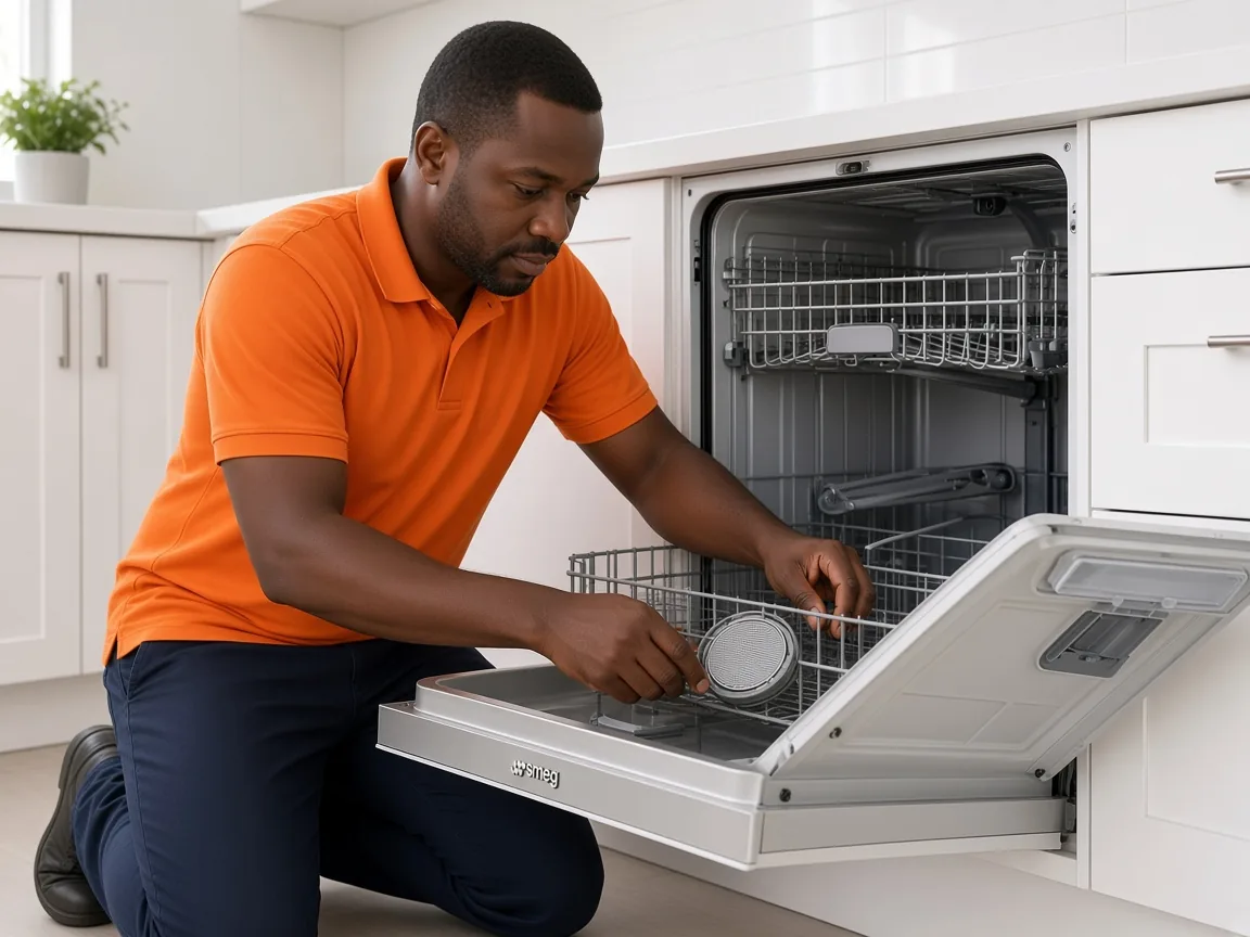 Technician inspecting a Smeg dishwasher