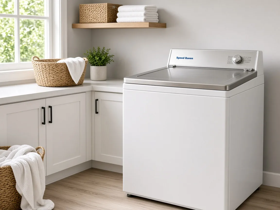 Speed Queen washing machine in a laundry room