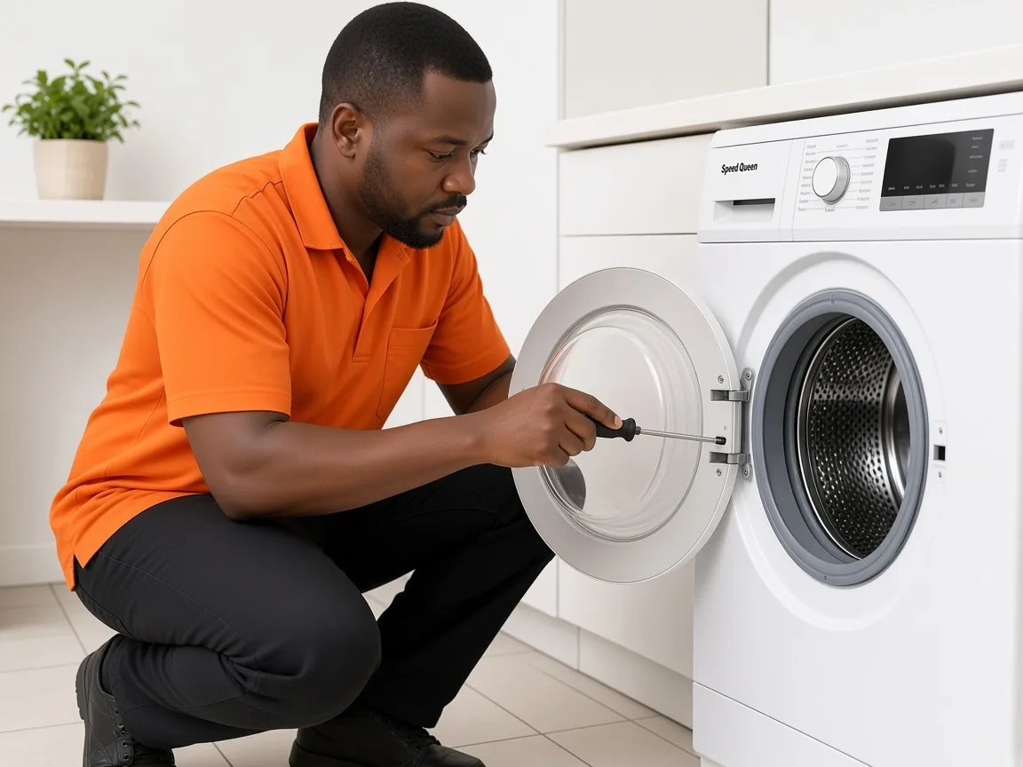 Technician inspecting a Speed Queen washing machine