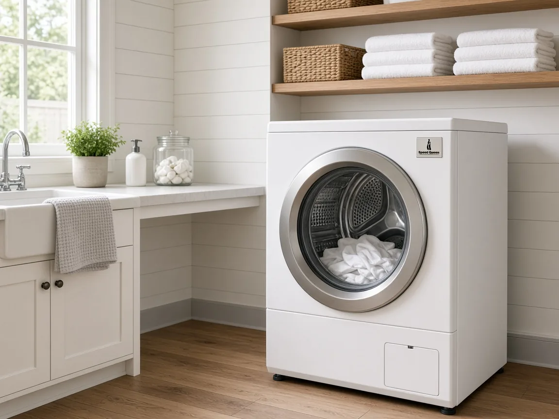 Speed Queen tumble dryer in a laundry room
