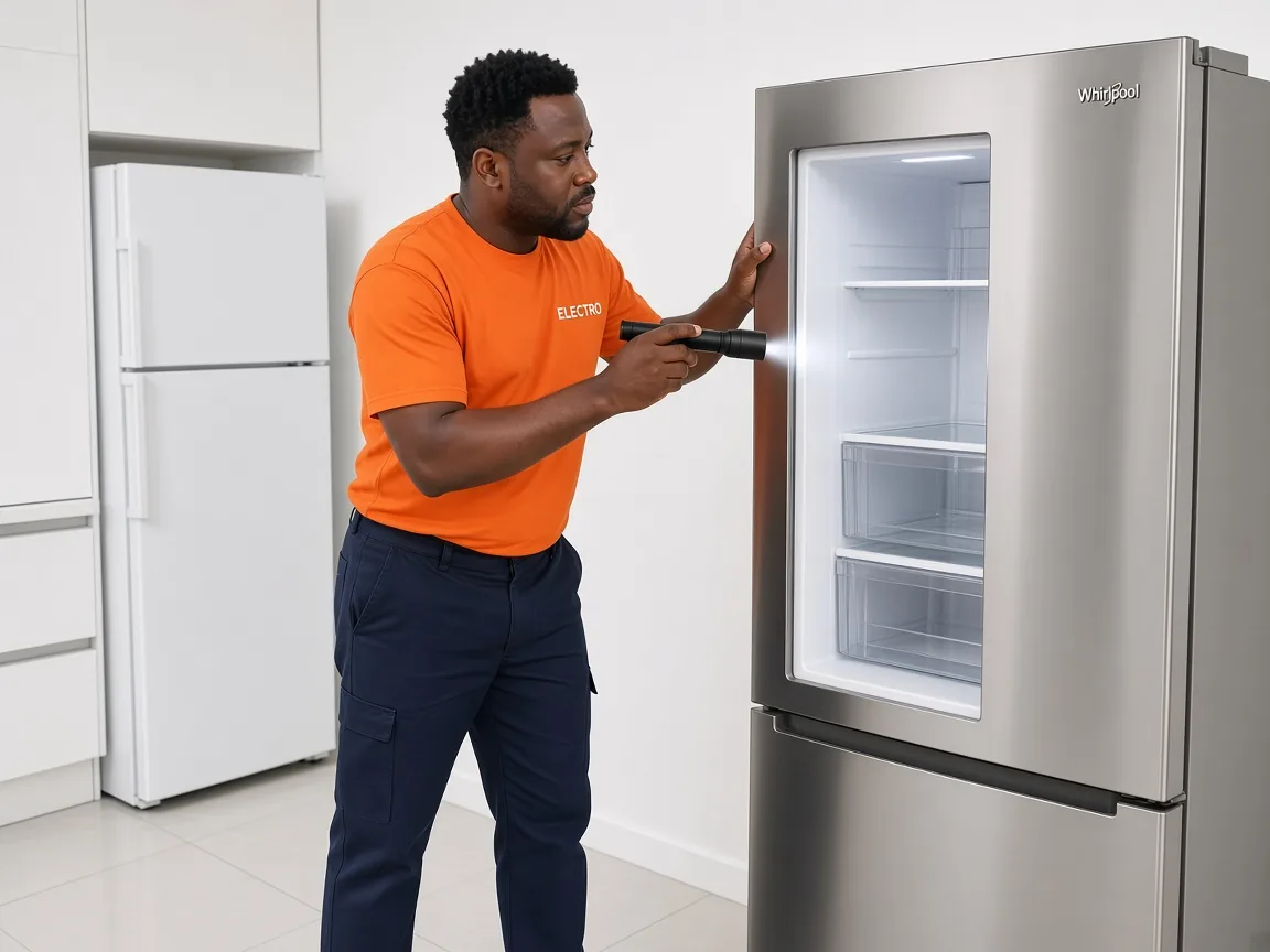 Technician inspecting a Whirlpool fridge in Harare