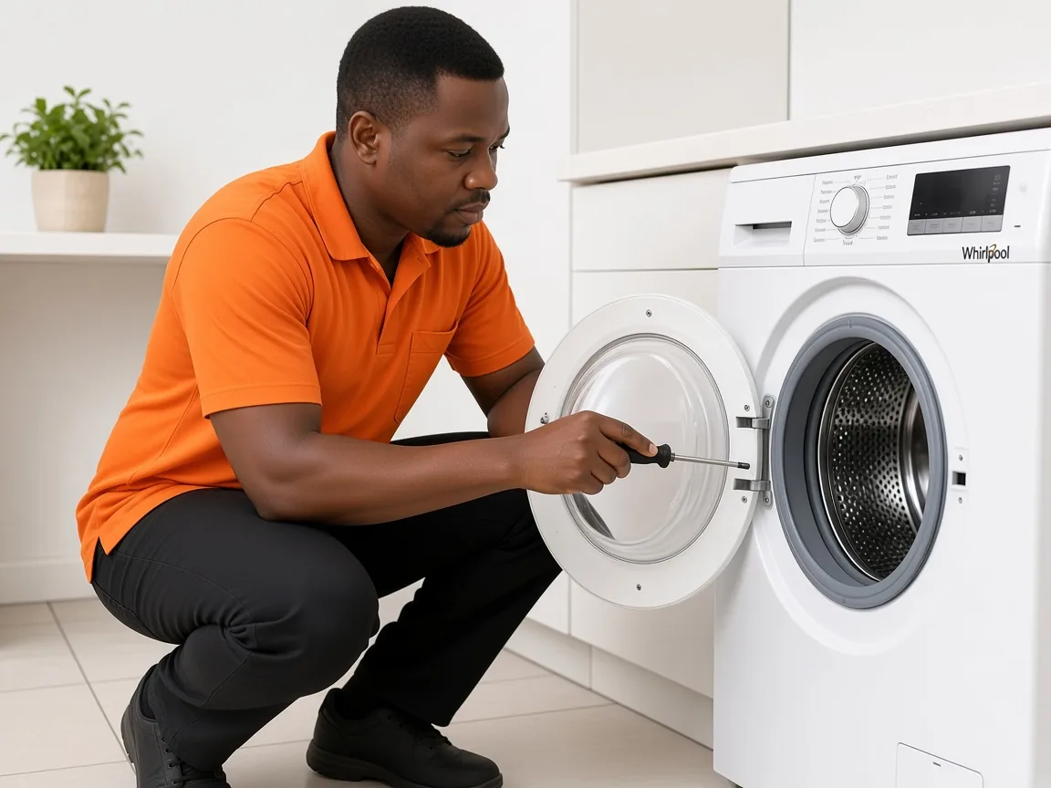 Technician diagnosing a Whirlpool washing machine