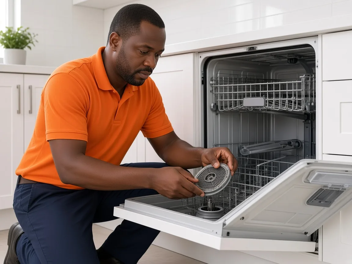 Technician inspecting a dishwasher filter and drain area