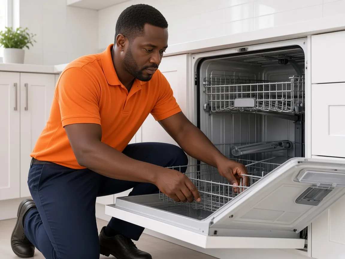 Technician inspecting a dishwasher that is not draining