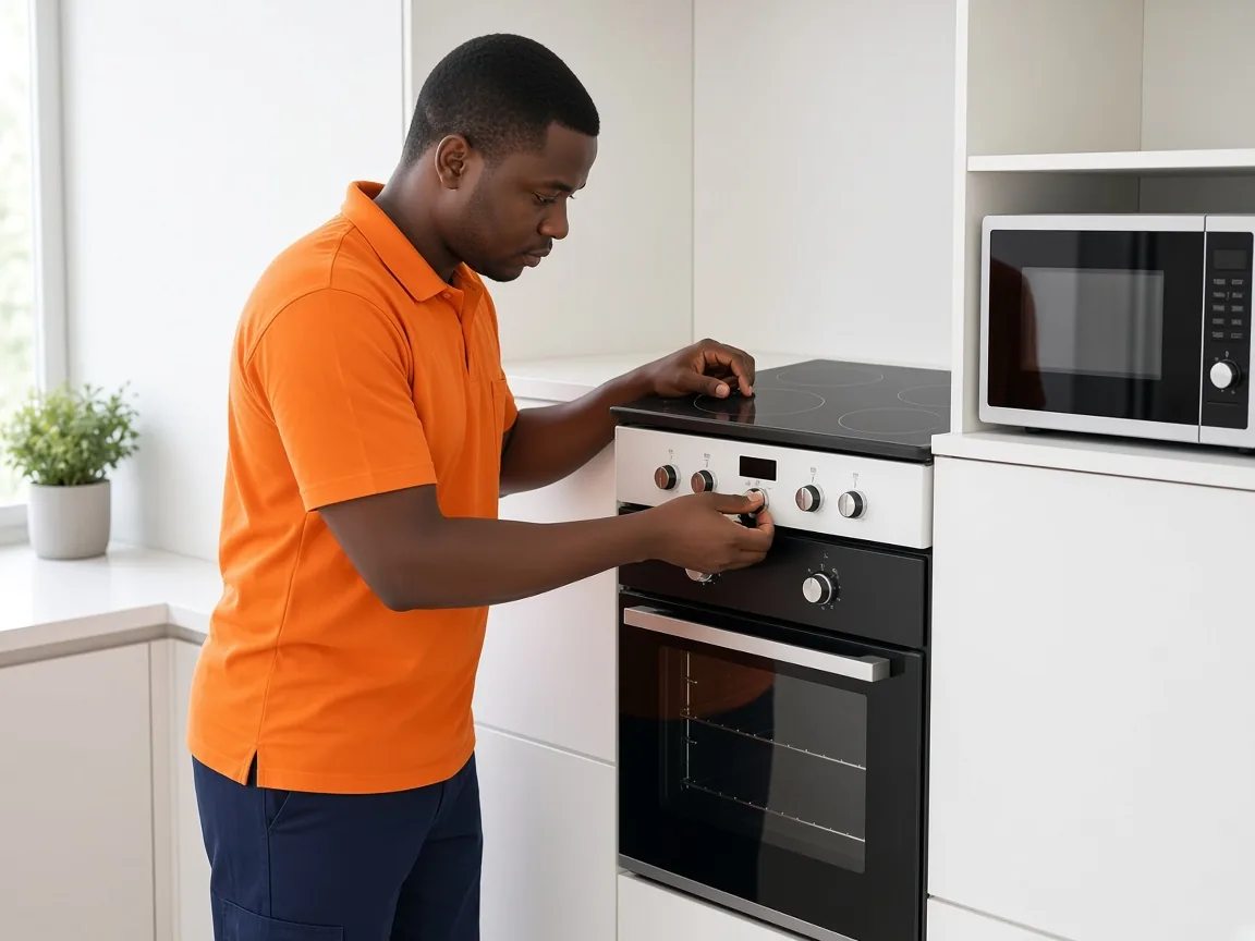 Technician inspecting an electric stove