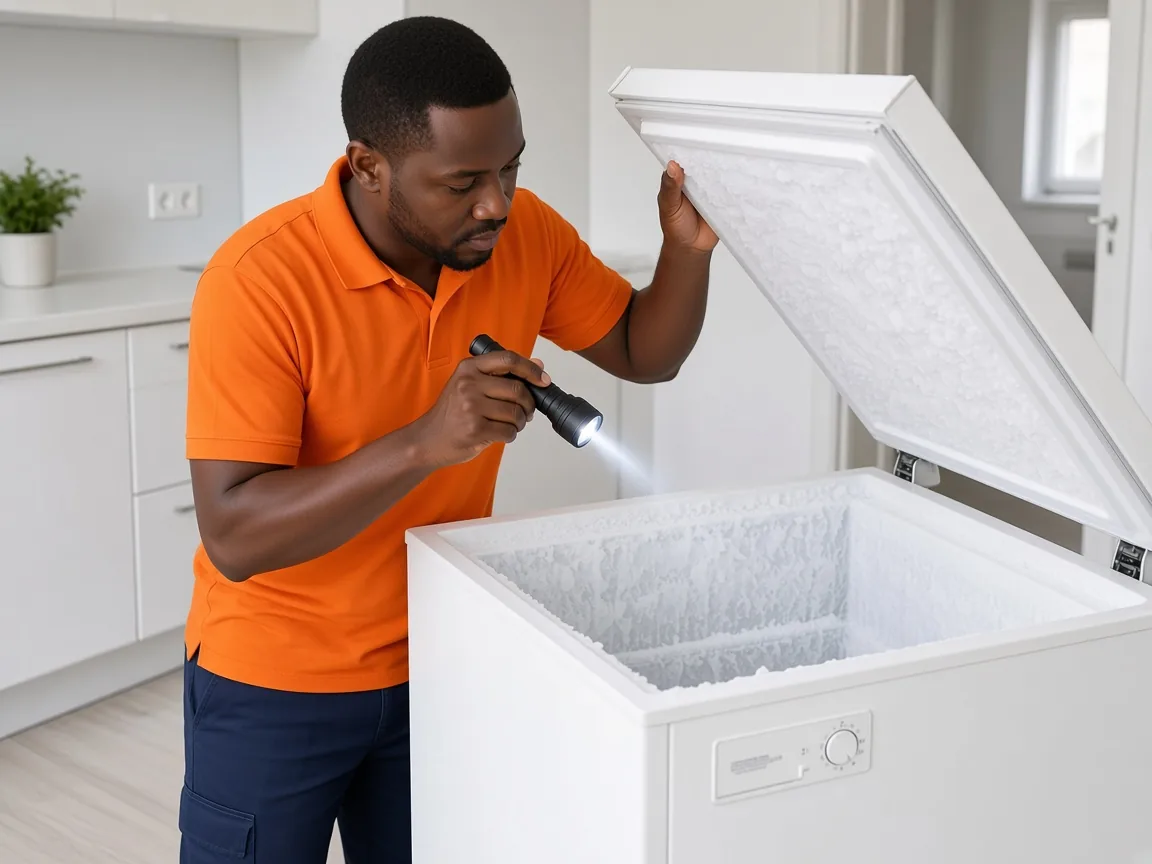 Technician assessing excessive frost and ice inside a freezer