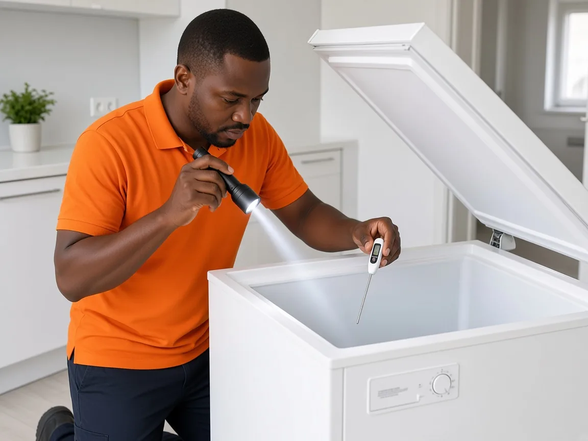Technician inspecting a freezer that is not freezing