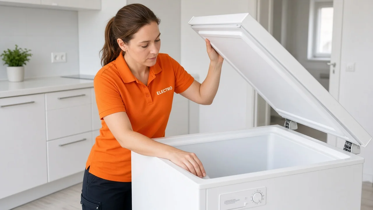 Technician inspecting an open chest freezer