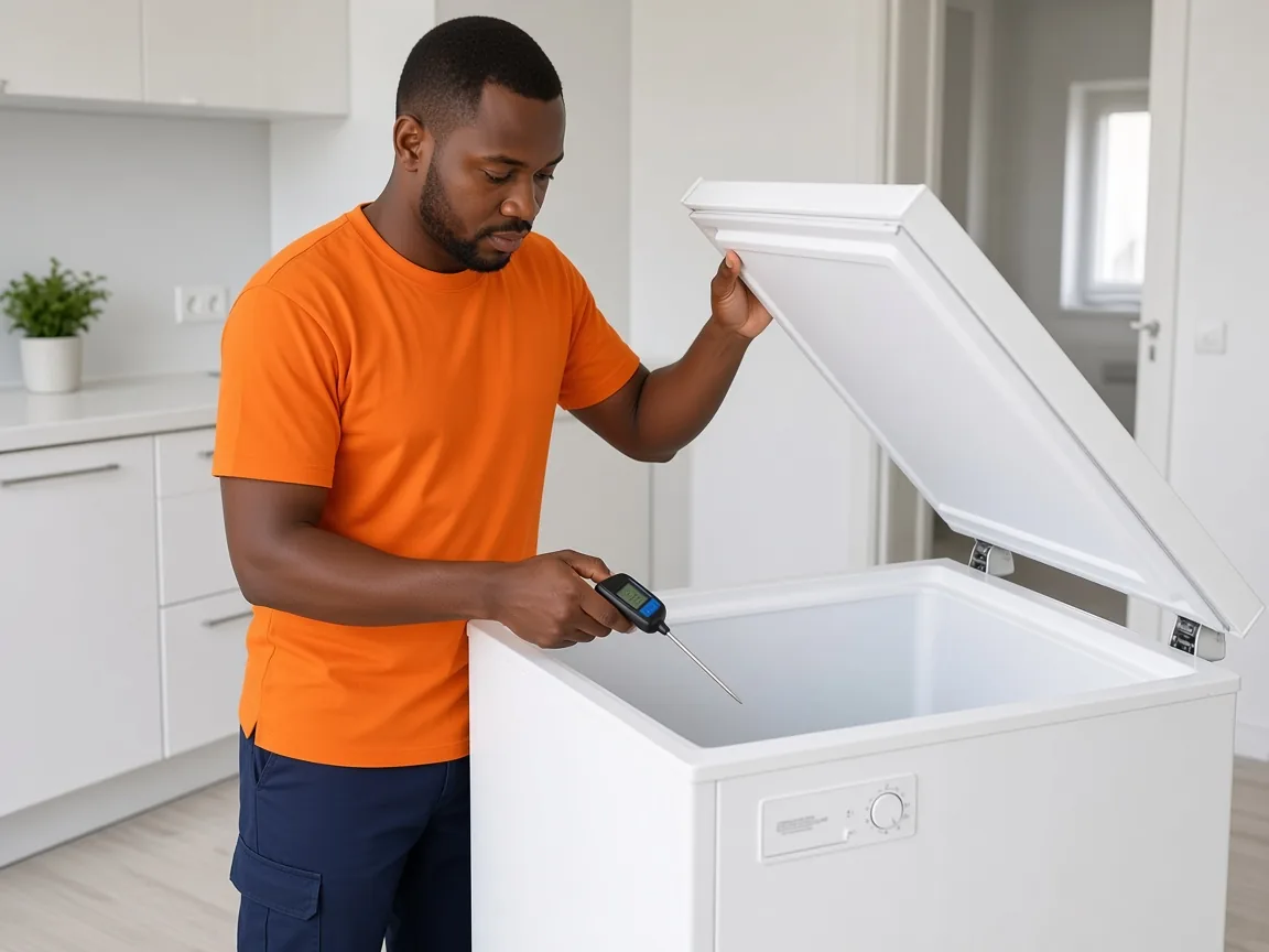 Technician assessing freezer temperature performance