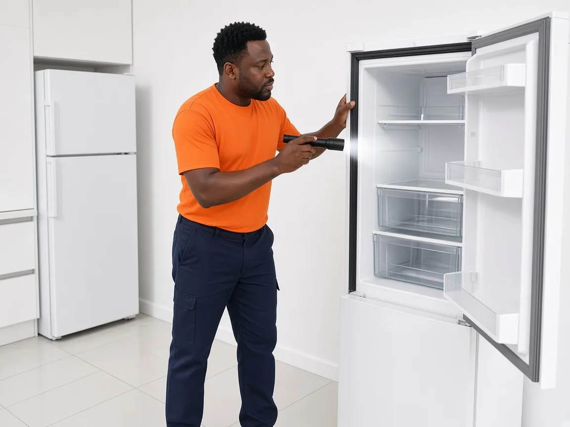 Technician inspecting refrigerator airflow and cooling area