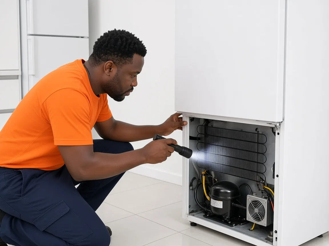 Technician checking a refrigerator compressor area