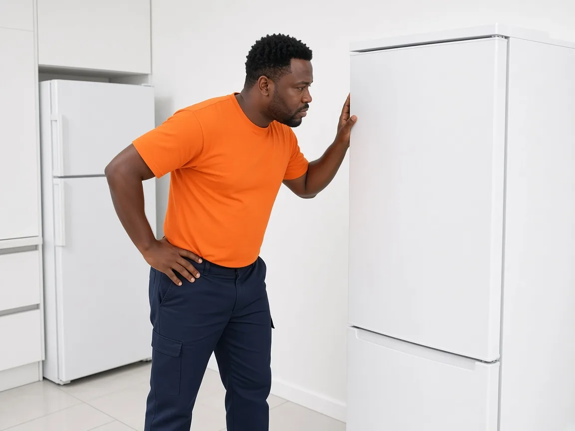 Technician listening to a refrigerator during a noise diagnosis