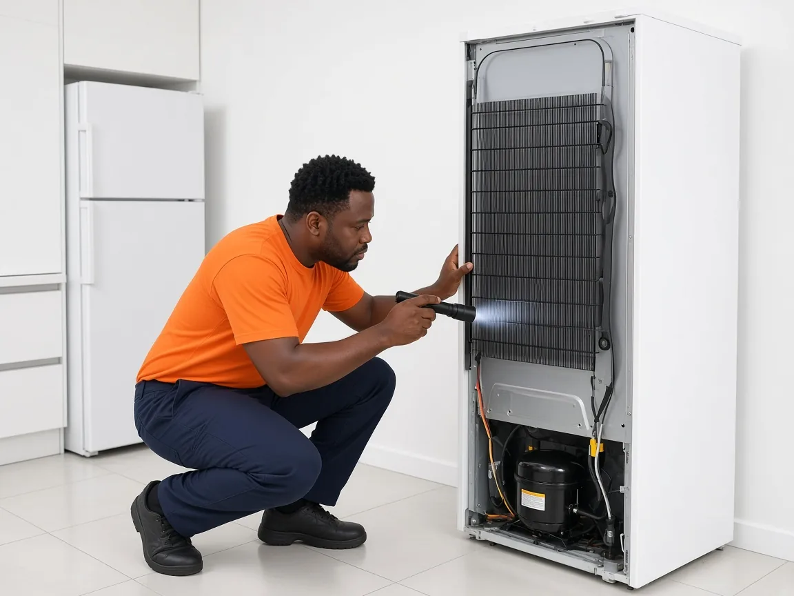 Technician inspecting the rear service area of a refrigerator