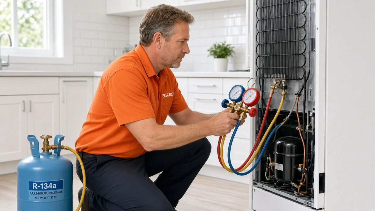 Technician assessing a refrigerator refrigeration system