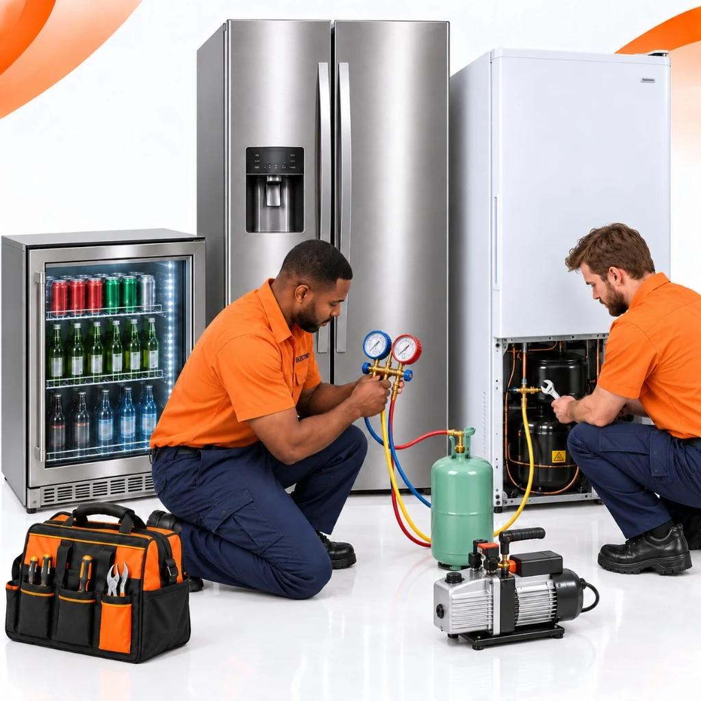 Two Electro technicians servicing fridges with a refrigerant cylinder, manifold gauges and hoses