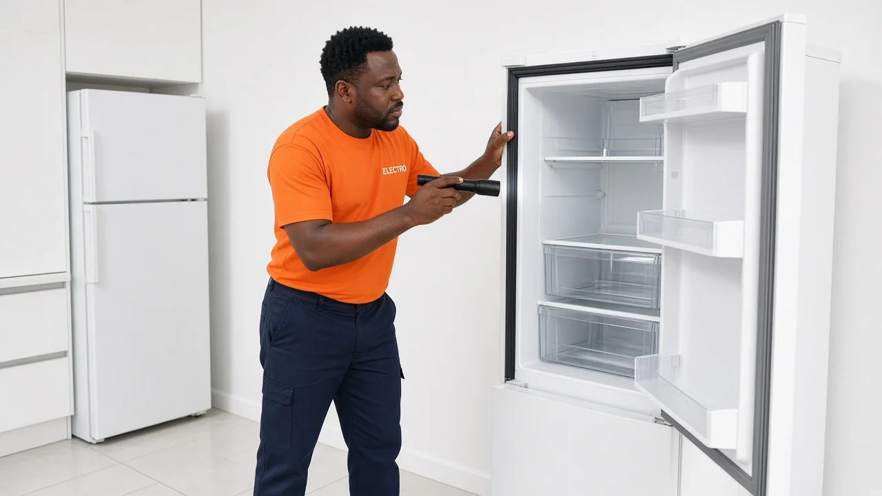 Technician inspecting an open household refrigerator