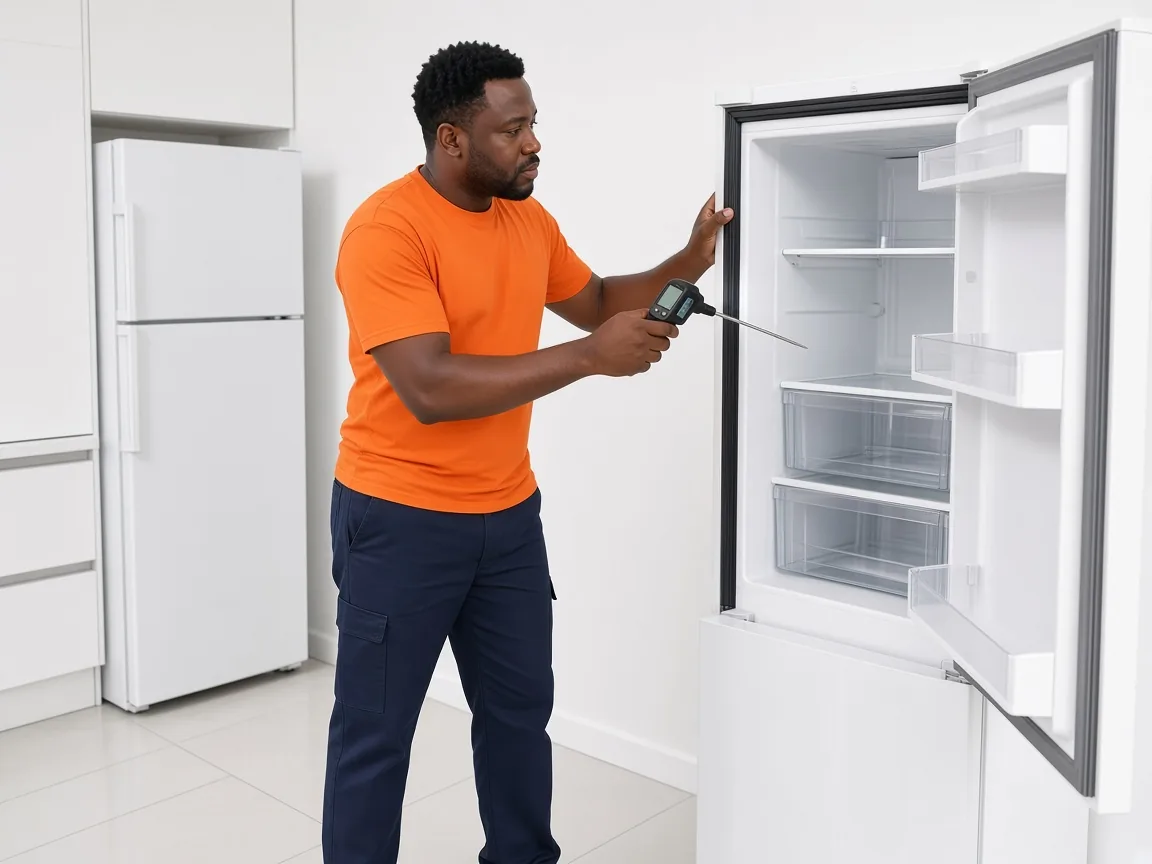 Technician checking refrigerator temperature and cooling performance
