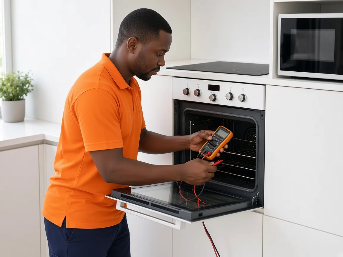 Technician diagnosing an oven heating fault