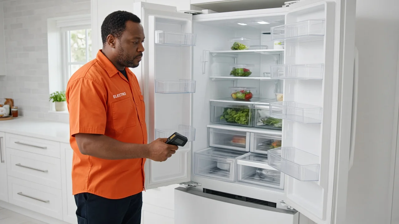 Technician inspecting a household refrigerator