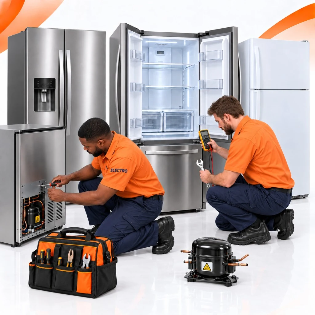 Technicians carrying out household refrigerator assessments